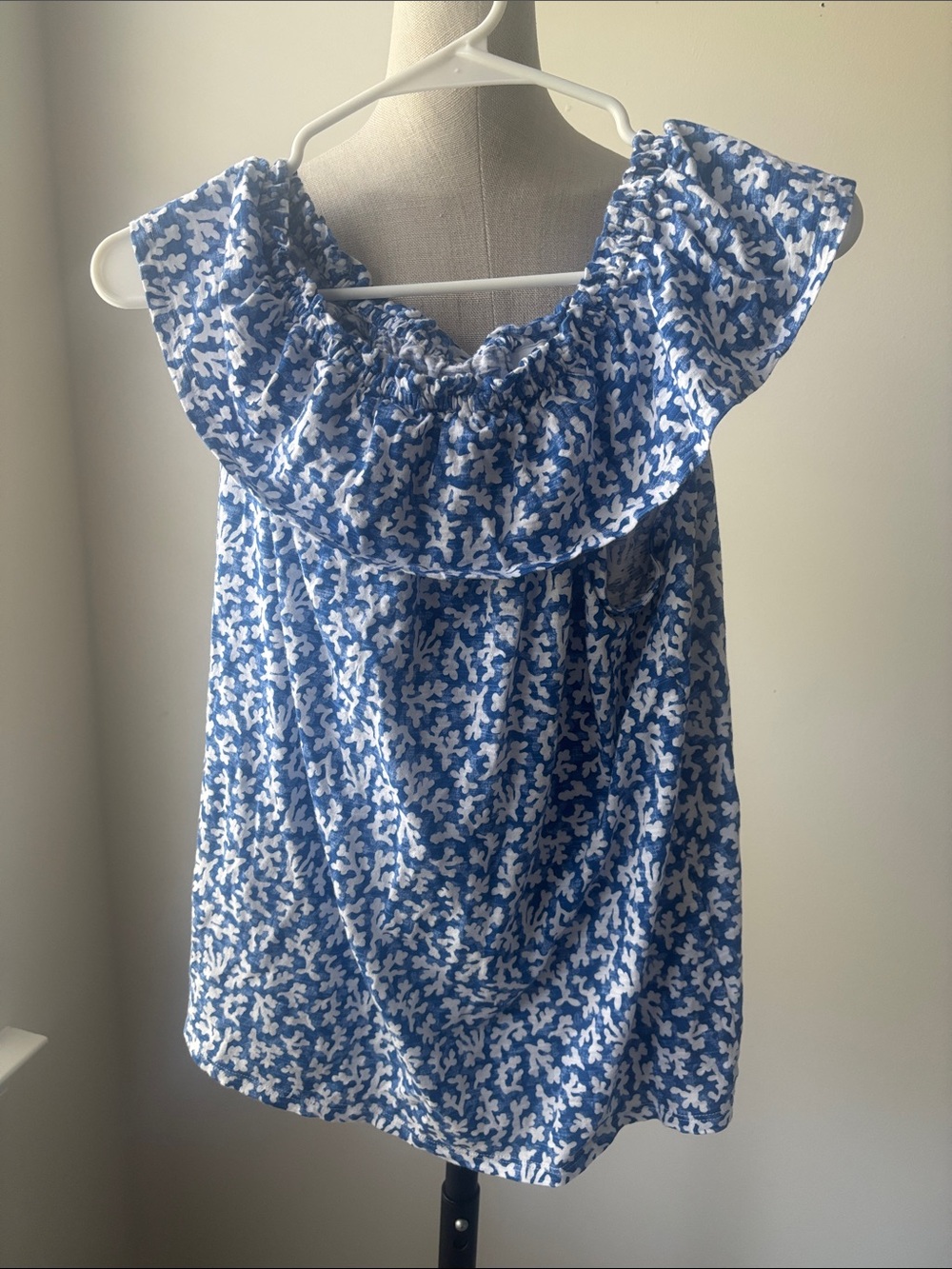 J. Jill Top Blouse Womens Medium Blue White Floral Smocked Neck Off Shoulder
